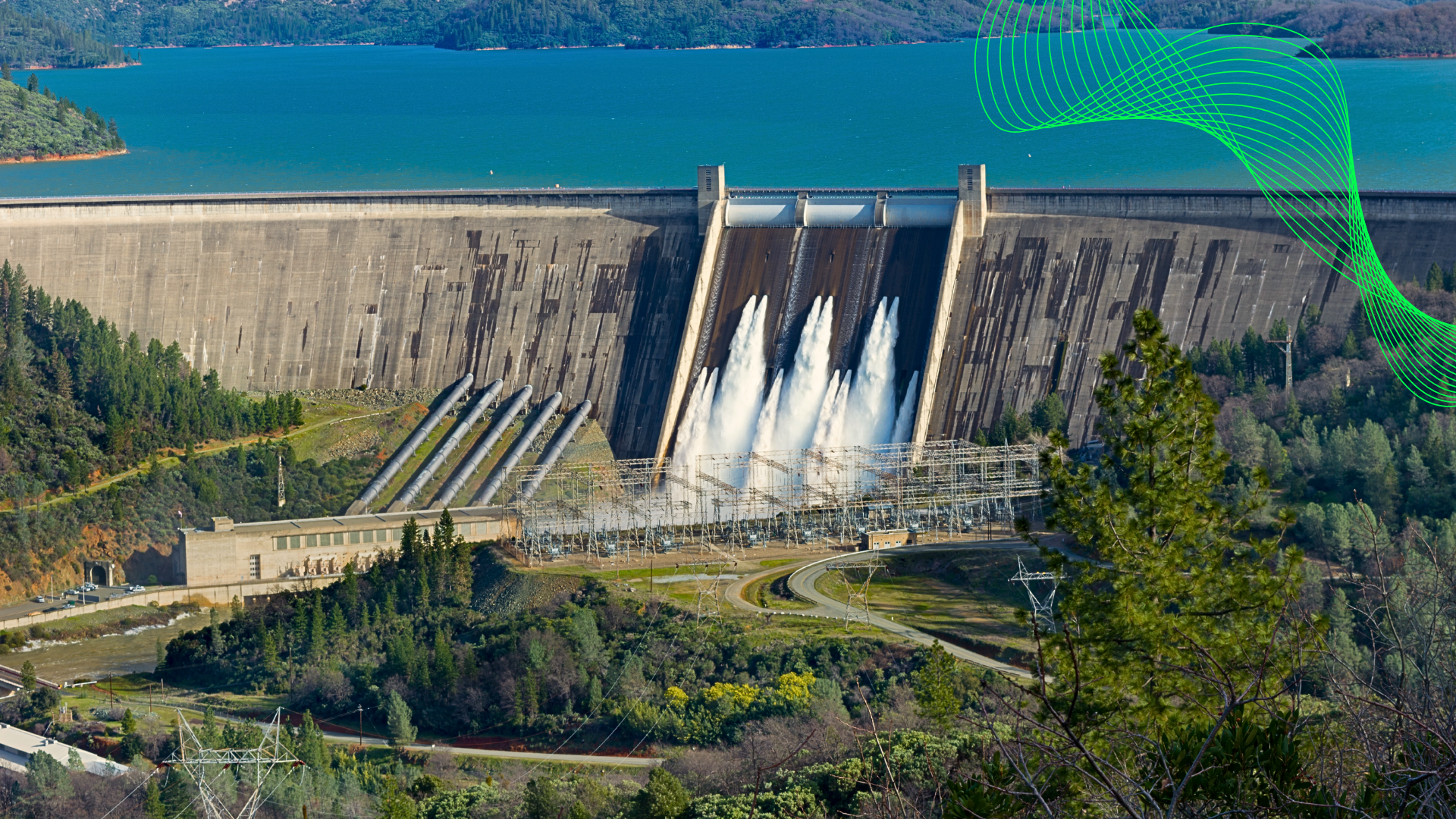 Usina hidrelétrica com faixa verde representando energia renovável.